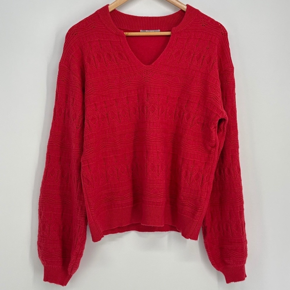 Furnex Sweater Women Large Red Notched V-Neck Pointelle Knit Pullover